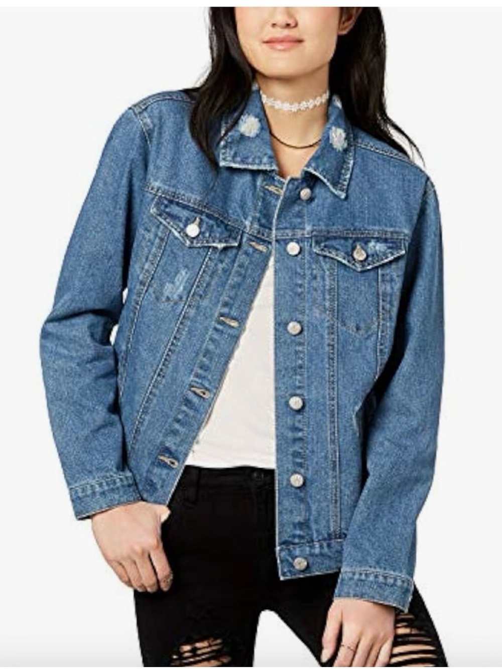 Crave Fame Women's Blue Denim Jacket Black Ribboned Lace Back Size S